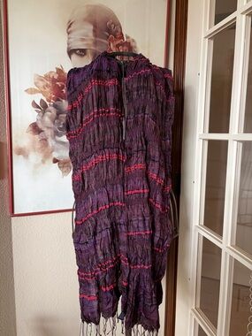 NWT Eileen Fisher Crinkled 100% Silk Shades Purple Lightweight Fringed Scarf